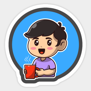 Cute Boy Holding Hot Coffee Cartoon Sticker